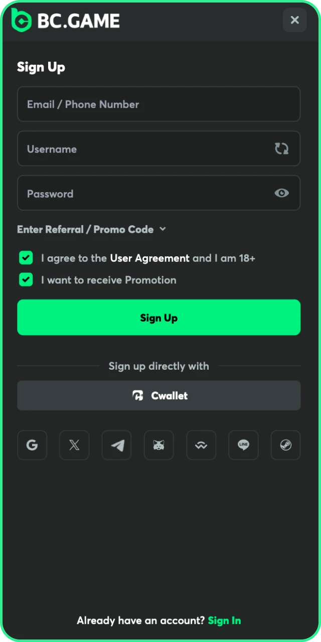 Complete the BC Game App registration to start your gambling journey.