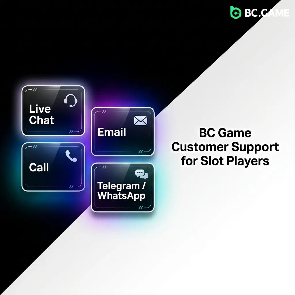 BC Game customer support channels including live chat, email, help centre, Telegram, and social media for slot players