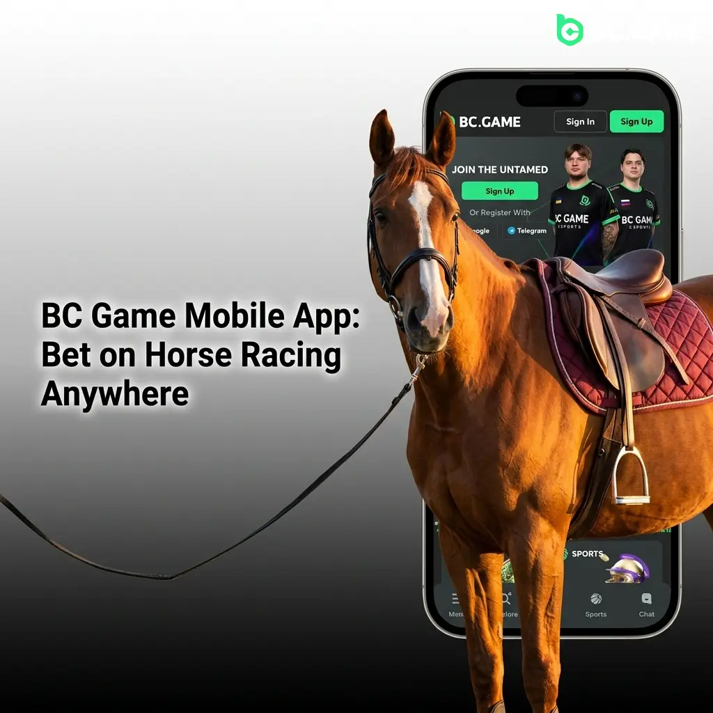 BC Game mobile app interface showing horse racing betting options on Android and iOS devices