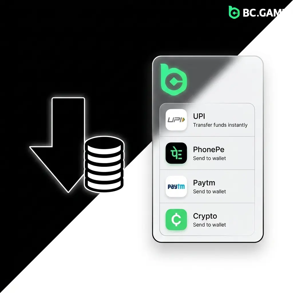 BC Game withdrawal methods for Indian players including UPI, PhonePe, Paytm, and crypto options like BTC and ETH