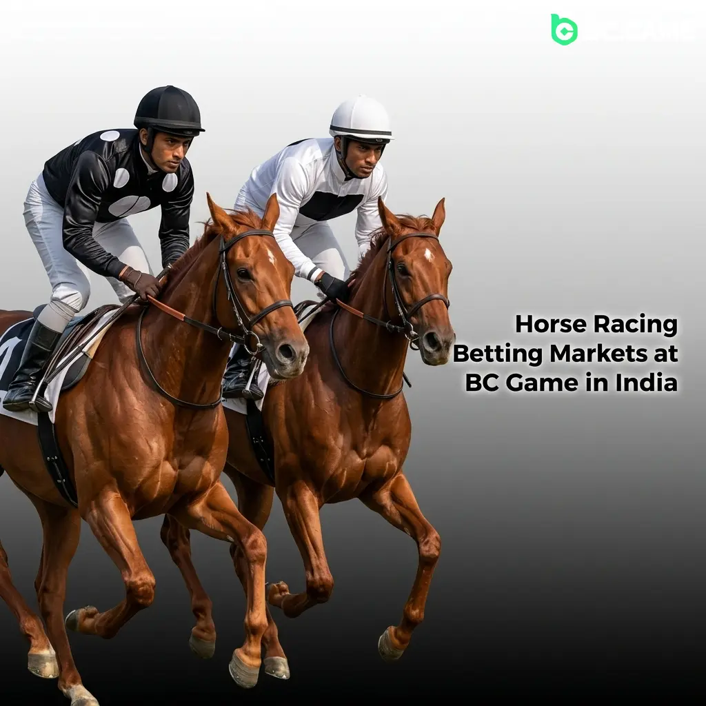 Horse racing betting markets at BC Game India including Win, Place, Show, Exacta, Trifecta, and Each-Way options